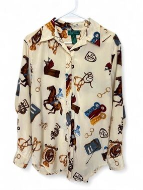 Lauren Ralph Lauren Vintage 100% Silk Equestrian Print Button Down Shirt Size 10